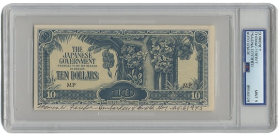 Thomas Ferebee PSA Mint 9 Signed 10 Dollar Japanese Occupied Malaysia Currency Note