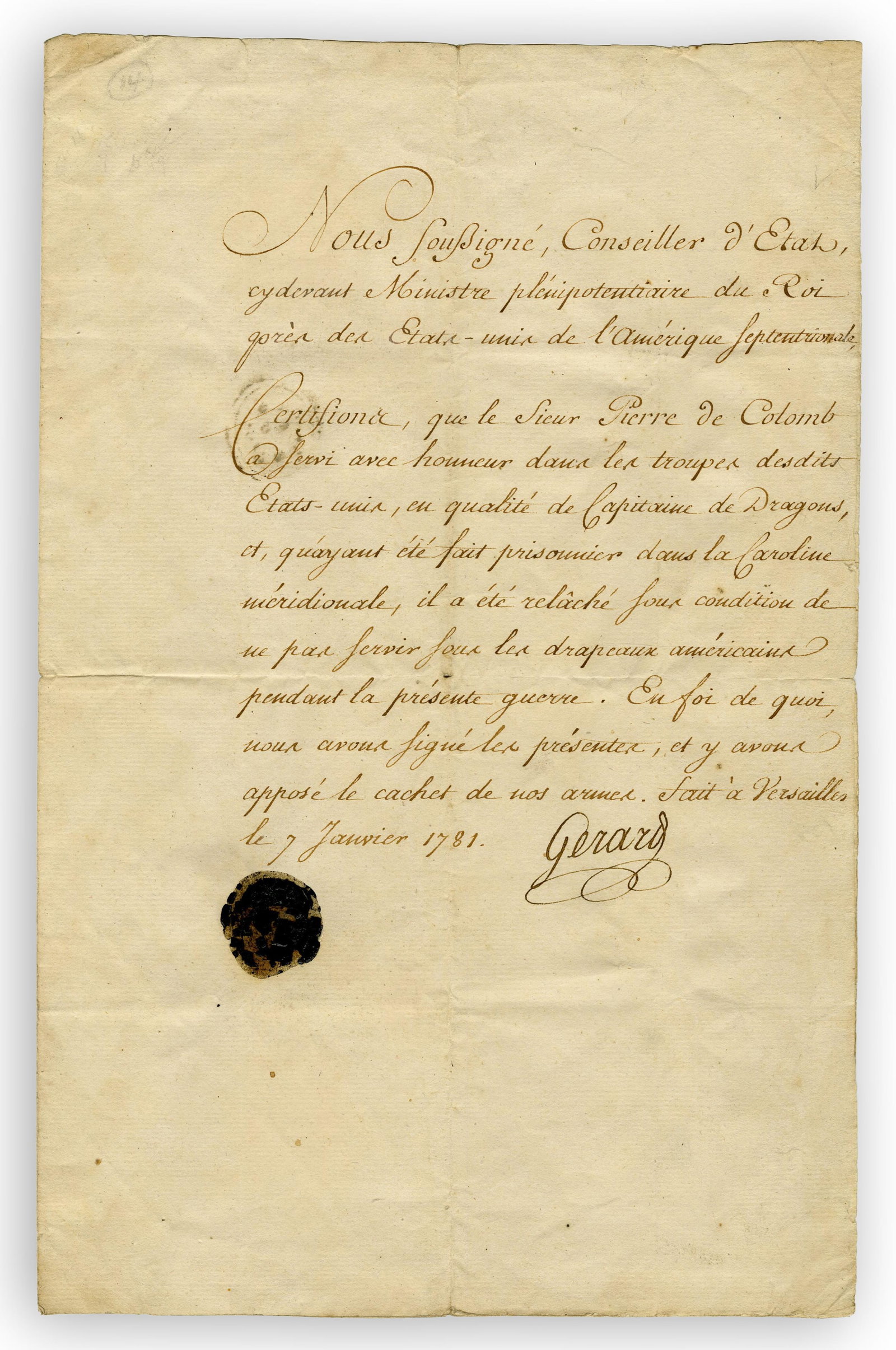 Release of Prisoner Prevented from Serving Under American Flag, 1781: Conrad Gerard Versailles, France, January 7, 1781 Release of Prisoner Prevented from Serving Under American Flag, 1781 MDS Release of Prisoner Prevented from Serving Under American Flag, 1781 GERARD, 