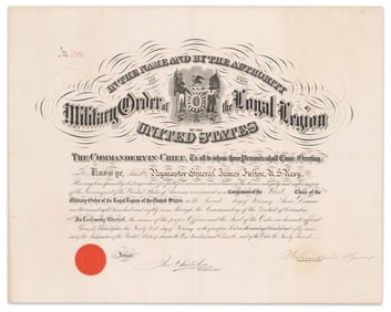 Philip Sheridan Signed Military Order of Loyal Legion for Paymaster General