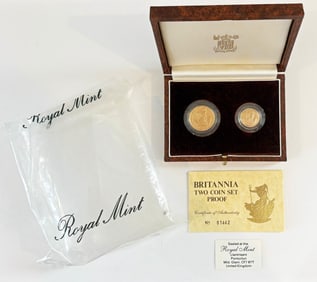 1987 Britannia Gold Royal Mint Two Coin Set, Proof Quality With Numbered COA