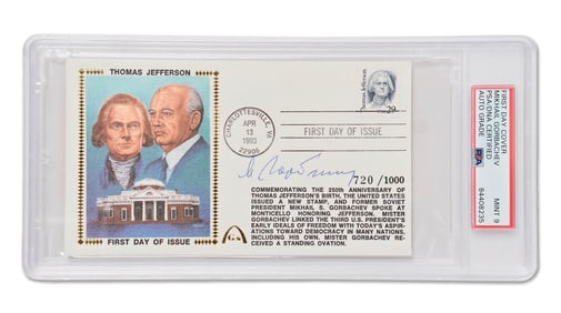 Mikhail Gorbachev PSA Mint 9 Signed Ltd. Ed. FDC Honoring Thomas Jefferson, Fanatics Hologram COA