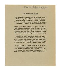 Robert Frost Signed Typescript Poem "The Road Not Taken"