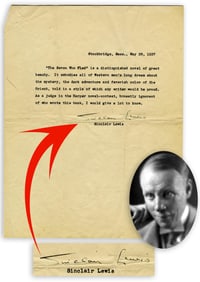 Sinclair Lewis Novelist & Playwright TLS: "As a judge in the Harper novel-contest...I would give a