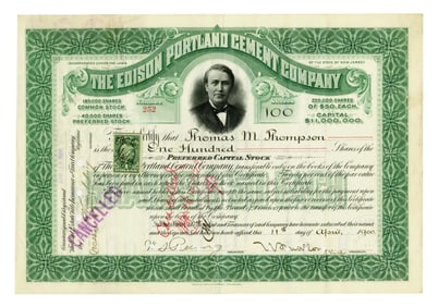 Edison Portland Cement Co. Stock Certificate, 1900