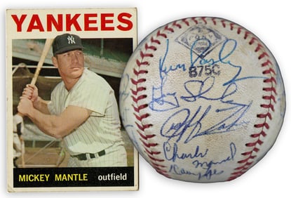 1974 Dodgers Signed Ball & Mickey Mantle Yankees Topps Card
