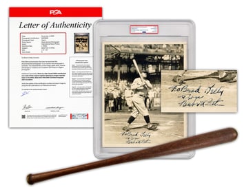 Babe Ruth PSA Type II Signed Conlon Photo, With Ruth Miniature Louisville Slugger, 16.25"