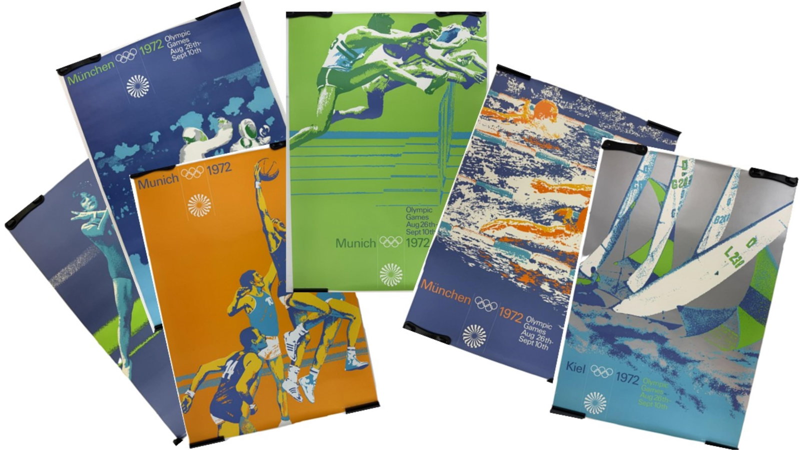 Otl Aicher 1972 Munich Olympics Huge Posters, Lot of 6: Olympics Munich, Germany, ca. 1972 Otl Aicher 1972 Munich Olympics Huge Posters, Lot of 6 Poster Group lot of six vibrantly colored 1972 Munich Summer Olympics posters by acclaimed designer Otl Aicher