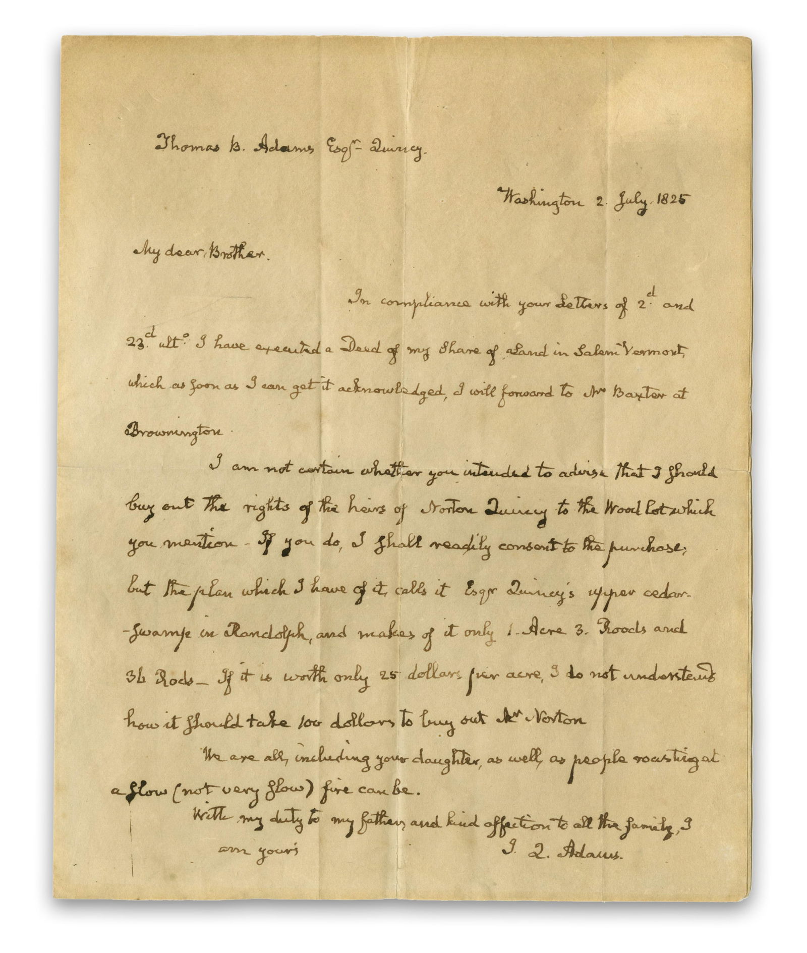 J. Q. Adams ALS to Brother Thomas: "[We are] as well as people roasting at a slow… fire can (1 of 4)