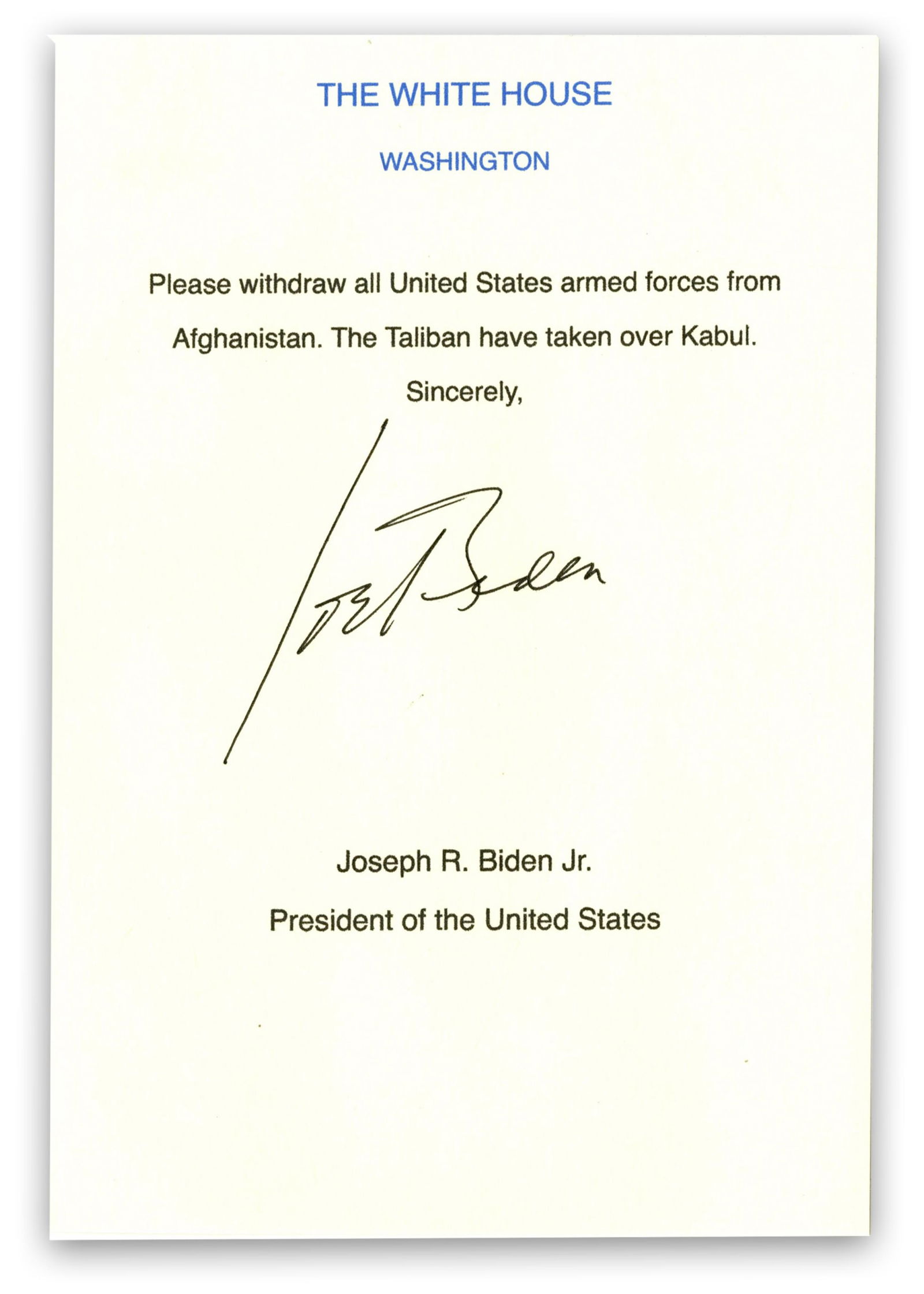 Joe Biden Signed Typescript re: U.S. Withdrawal From Afghanistan (1 of 2)