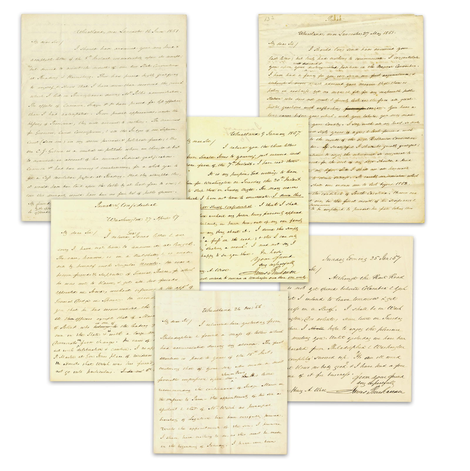 James Buchanan (6) ALS, One as Pres, to Henry Wise re: Secession, Politics & Diplomatic Appointments (1 of 8)