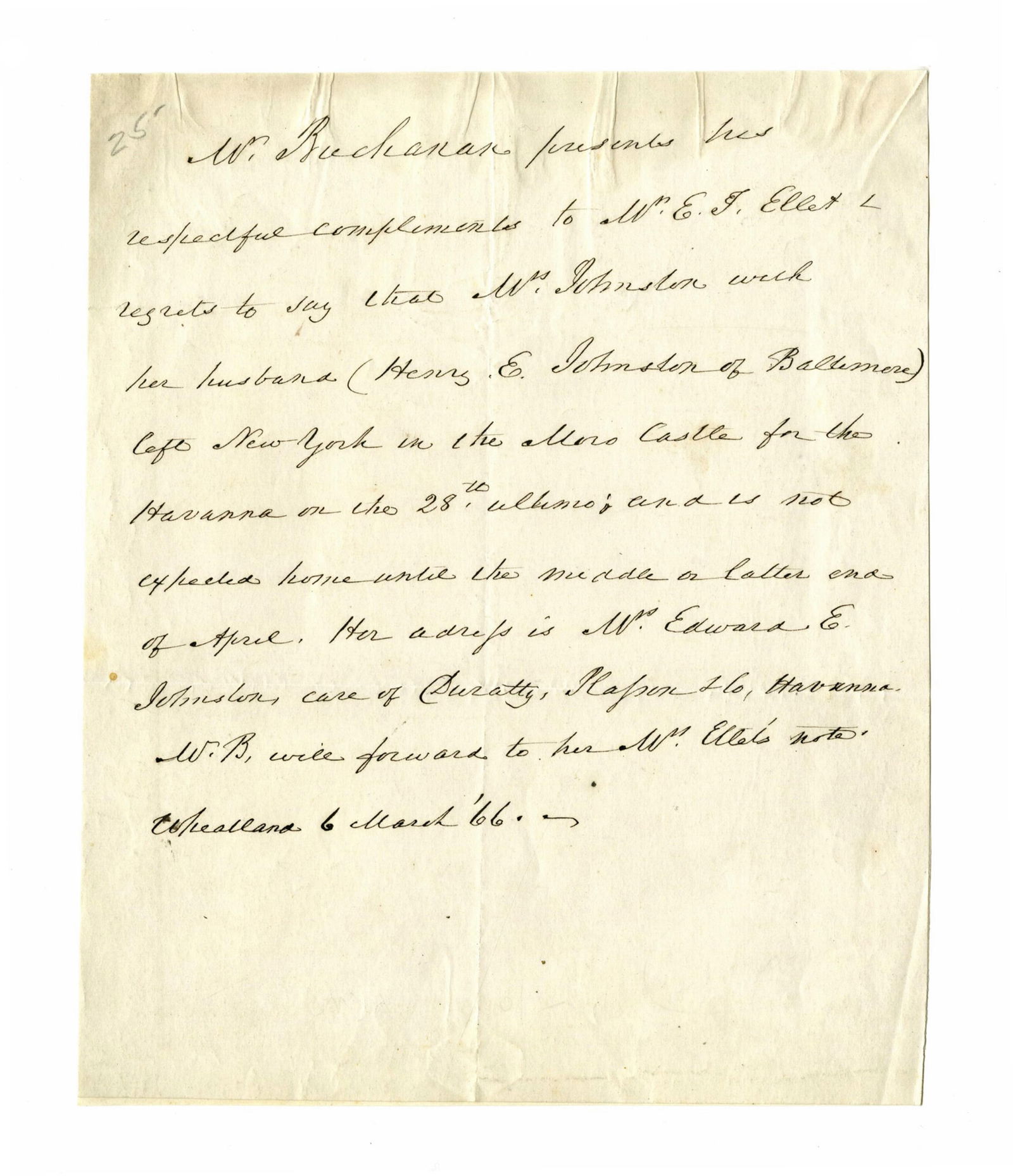 James Buchanan ALS on Niece Harriet's Honeymoon to Cuba (1 of 2)
