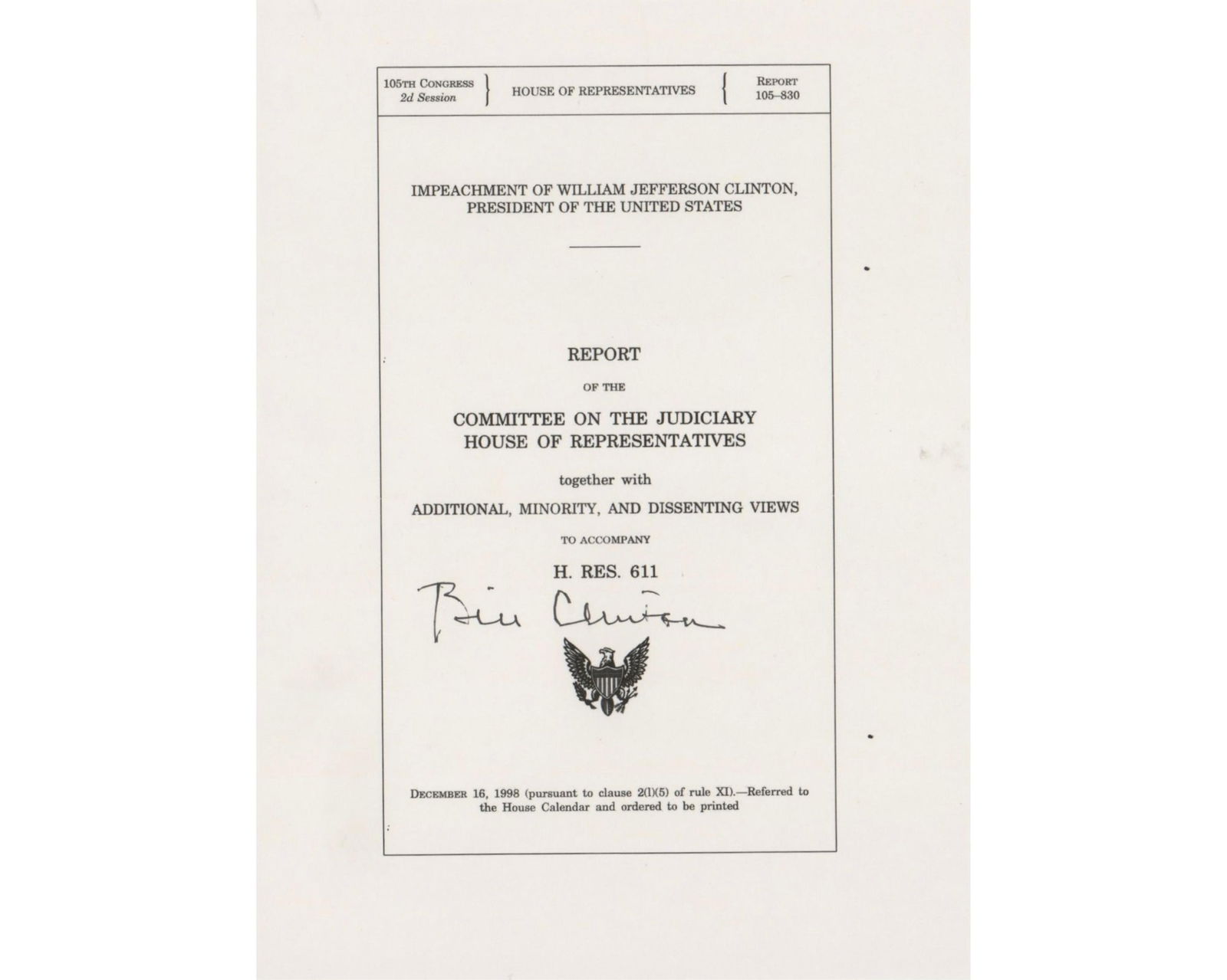 Bill Clinton Impeachment Signed House Report Typescript - 2