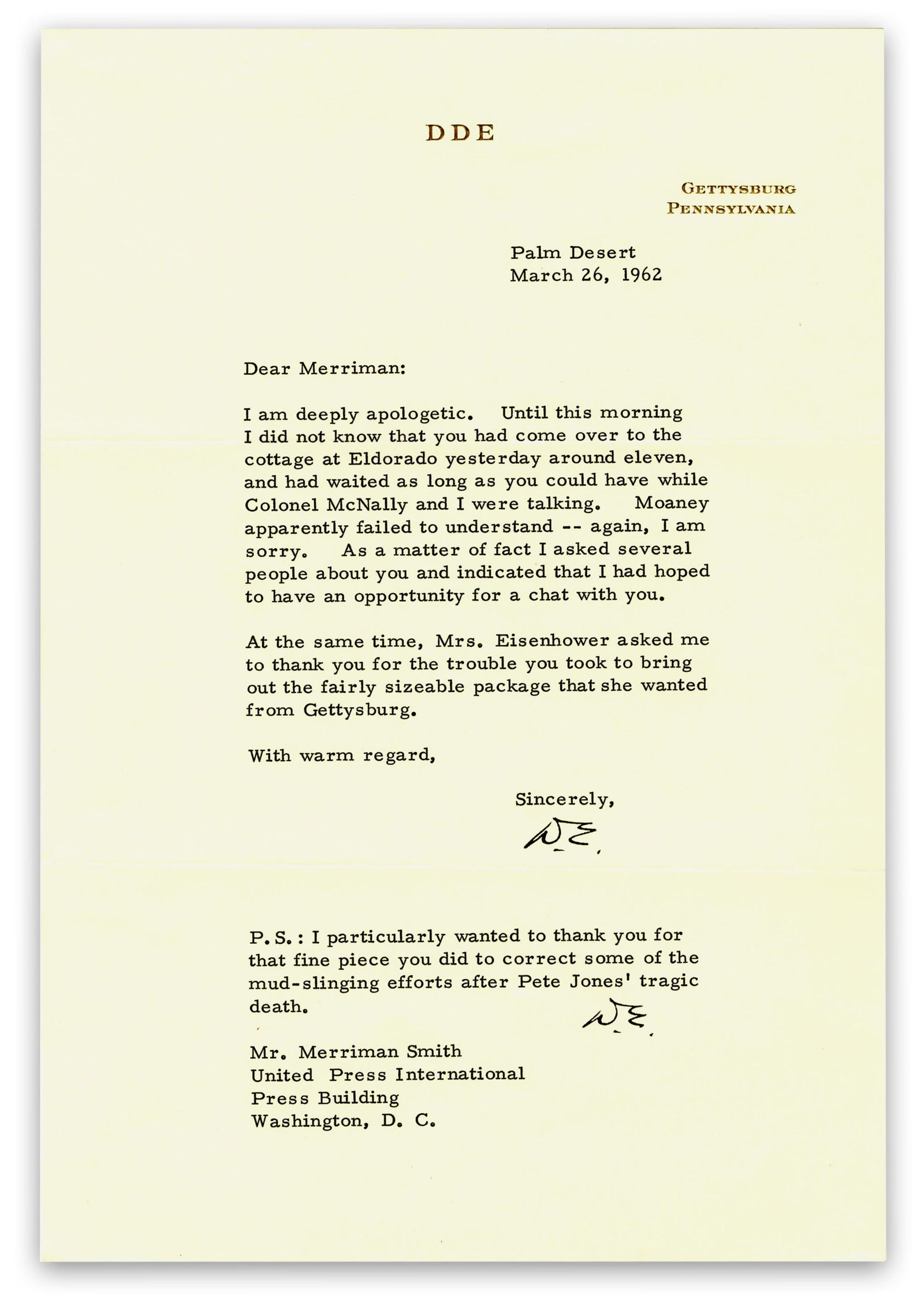 Dwight Eisenhower 2x Signed TLS to White House Correspondent Merriman Smith (1 of 2)