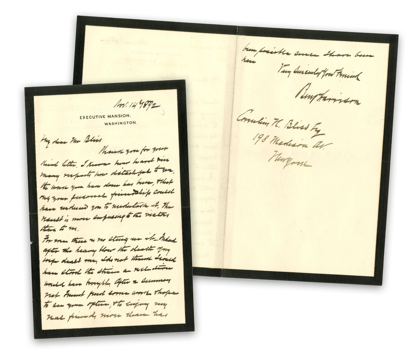 Benjamin Harrison ALS on Death of Wife - Could Not "have stood the strains of a reelection" (1 of 3)