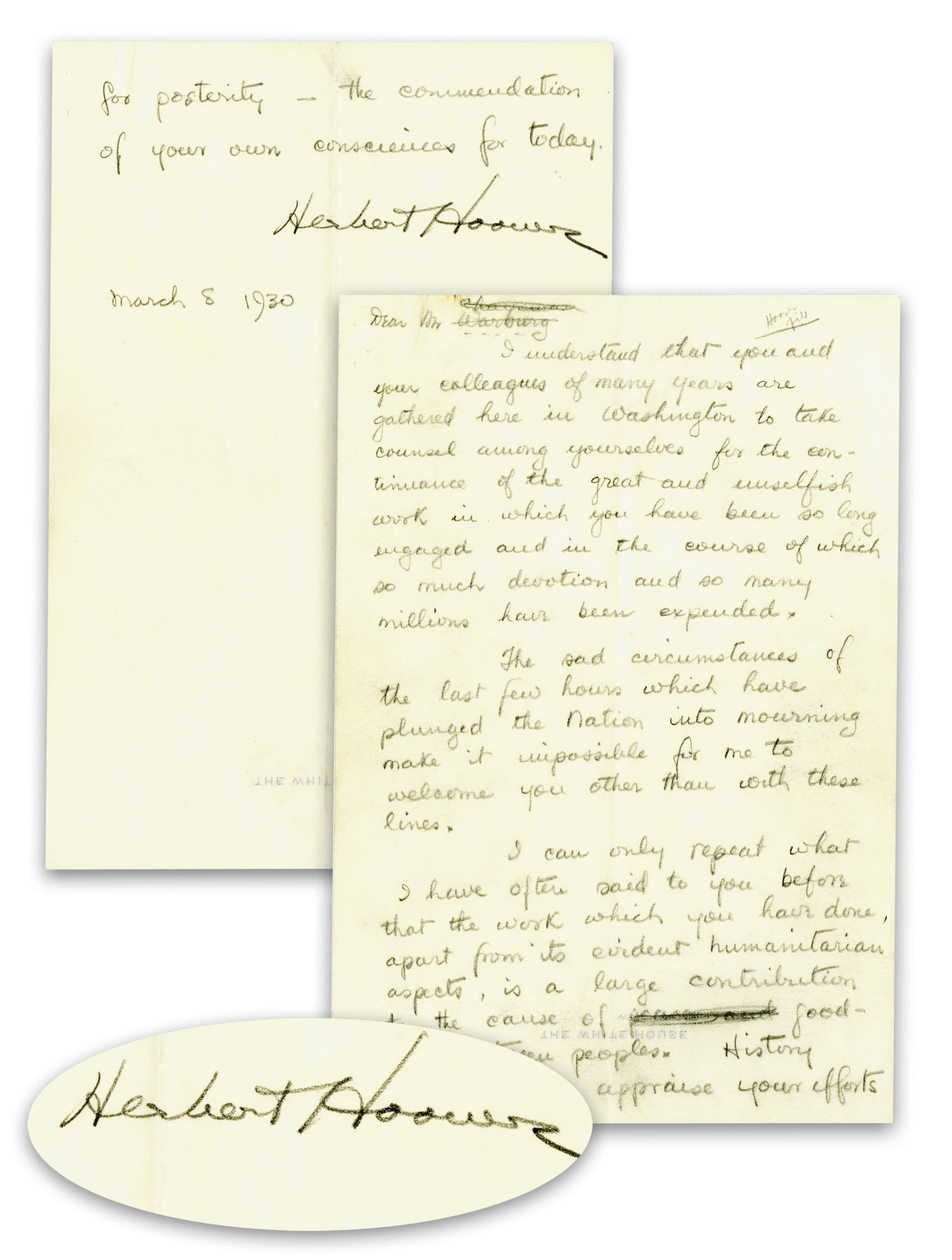 Herbert Hoover LS as President Drafted to Jewish Relief Campaign Leader on Day of Taft's Death (1 of 4)