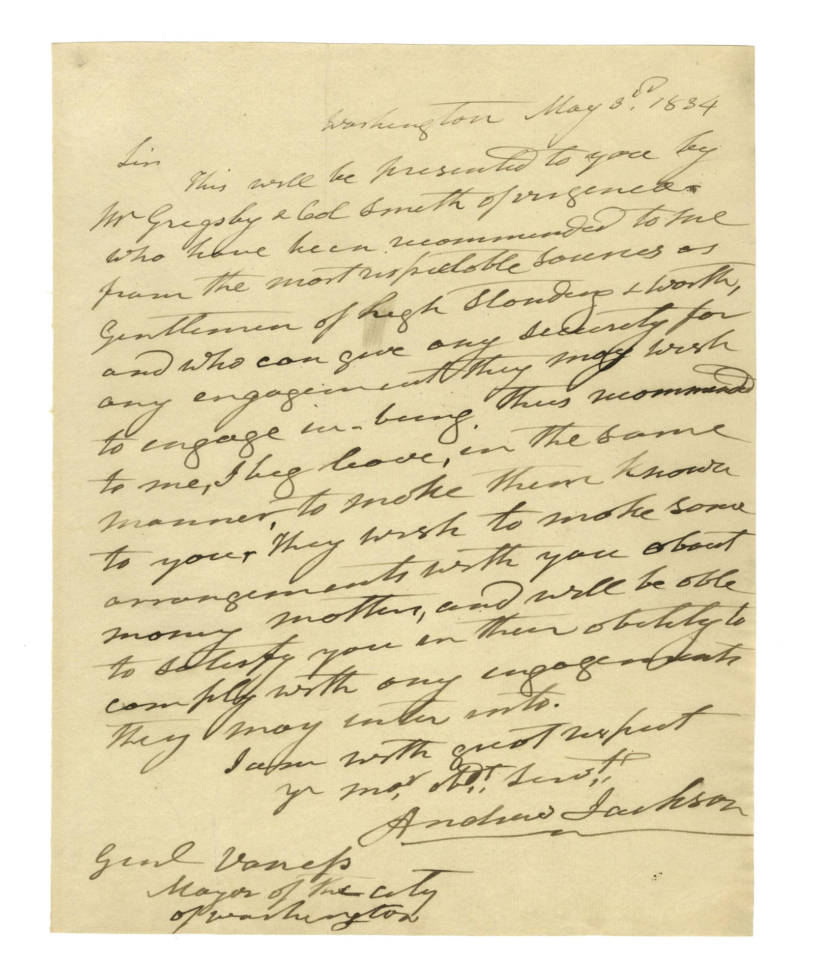 Andrew Jackson ALS as Pres. to Washington Mayor Van Ness (1 of 3)