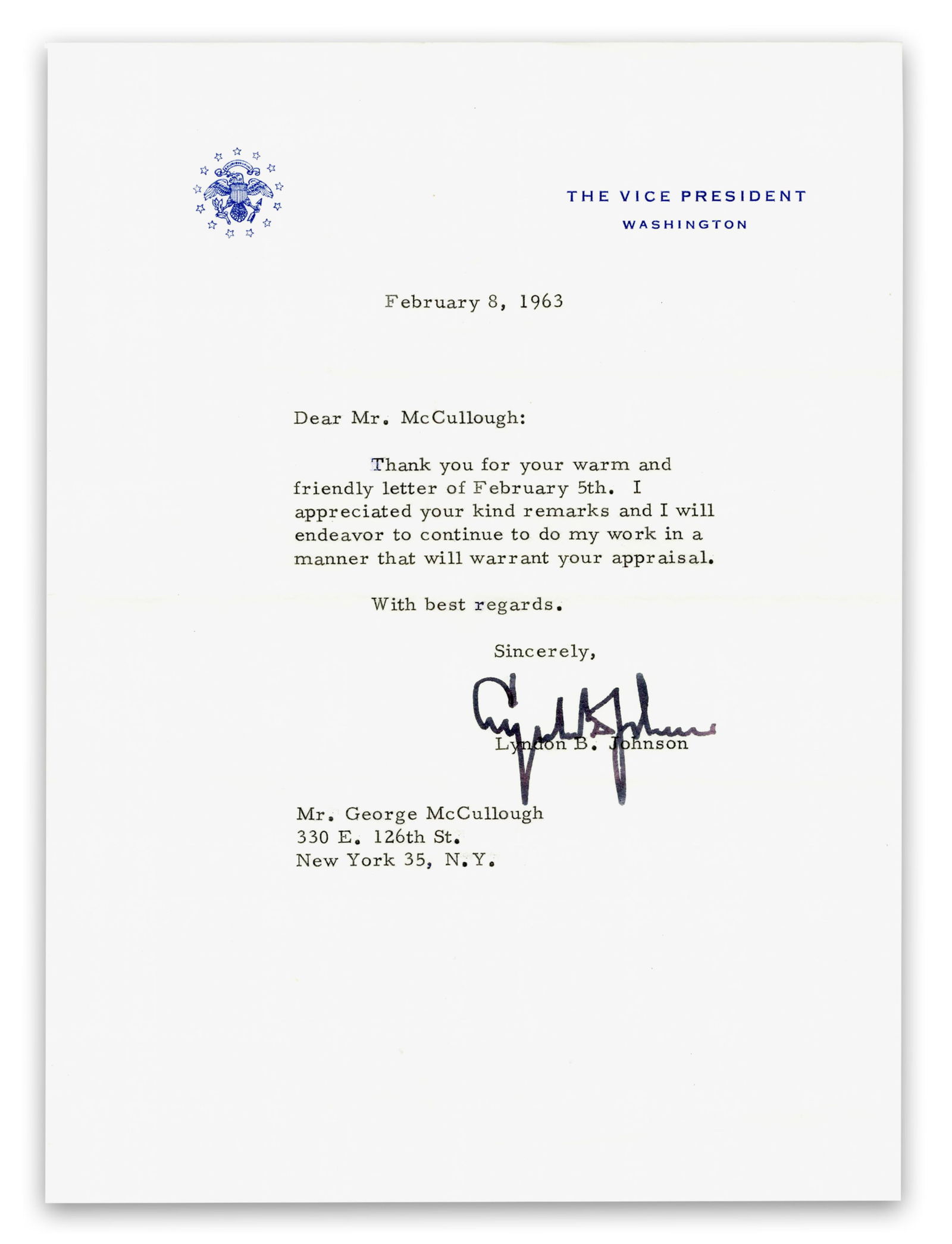 Lyndon Johnson TLS as VP: "I will endeavor to… warrant your appraisal" (1 of 2)