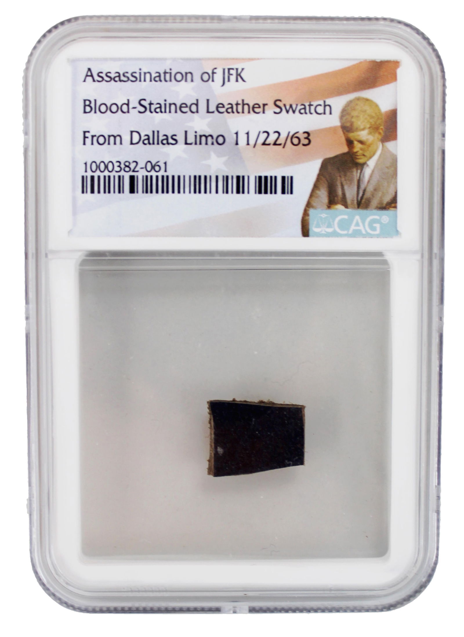 John F. Kennedy Blood-Stained Leather Swatch from Dallas Limo. CAG Encapsulated. (1 of 9)