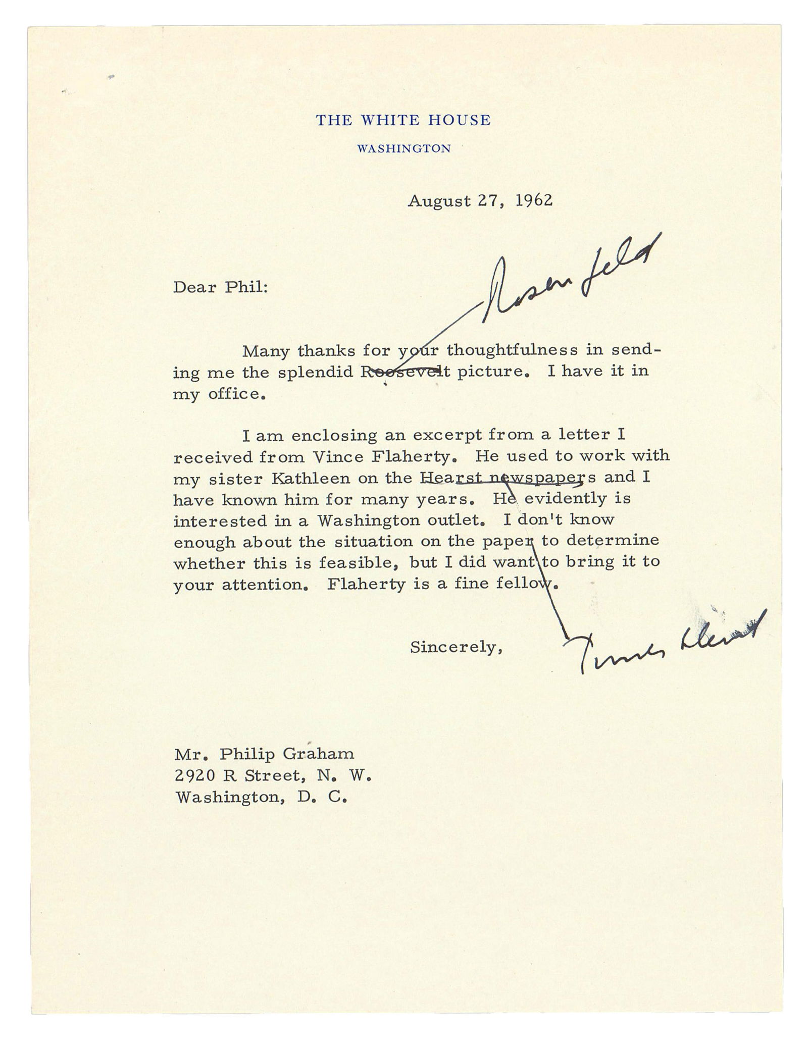 John F. Kennedy Hand-Corrected Letter as President to Phil Graham, “Washington Post” (1 of 1)