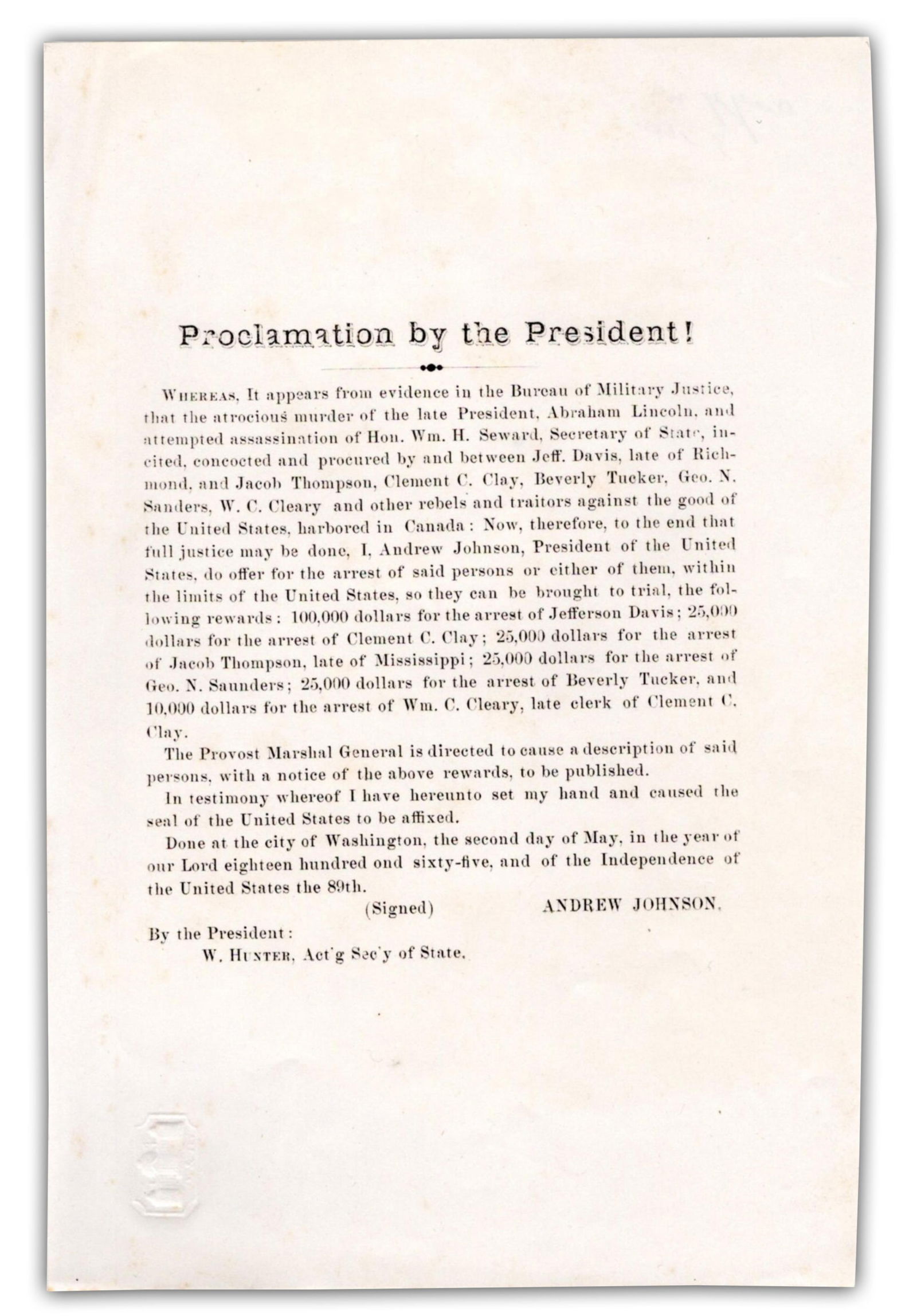 Important Presidential Proclamation for Arrest of Jefferson Davis and Other Confederate Leaders for (1 of 3)
