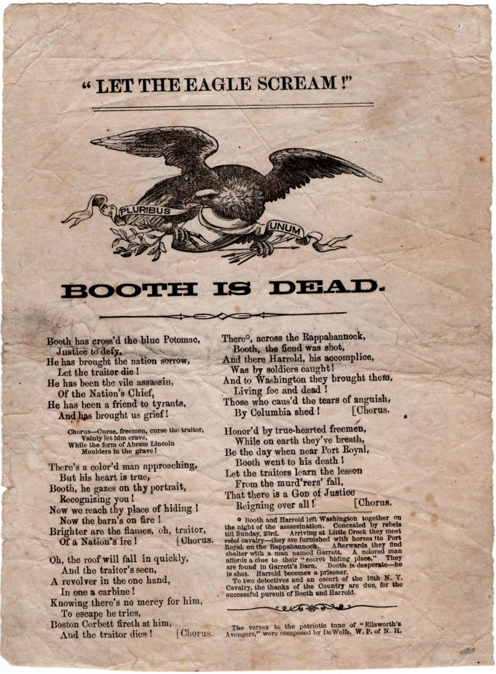 Handbill Announces the Death of John Wilkes Booth with Patriotic Song (1 of 1)