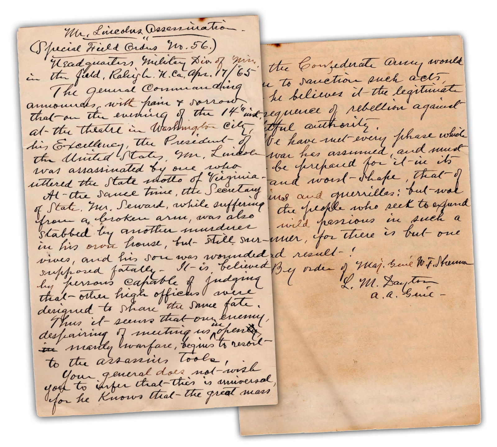 W. T. Sherman Important Order Announcing Assassination of Abraham Lincoln (1 of 4)