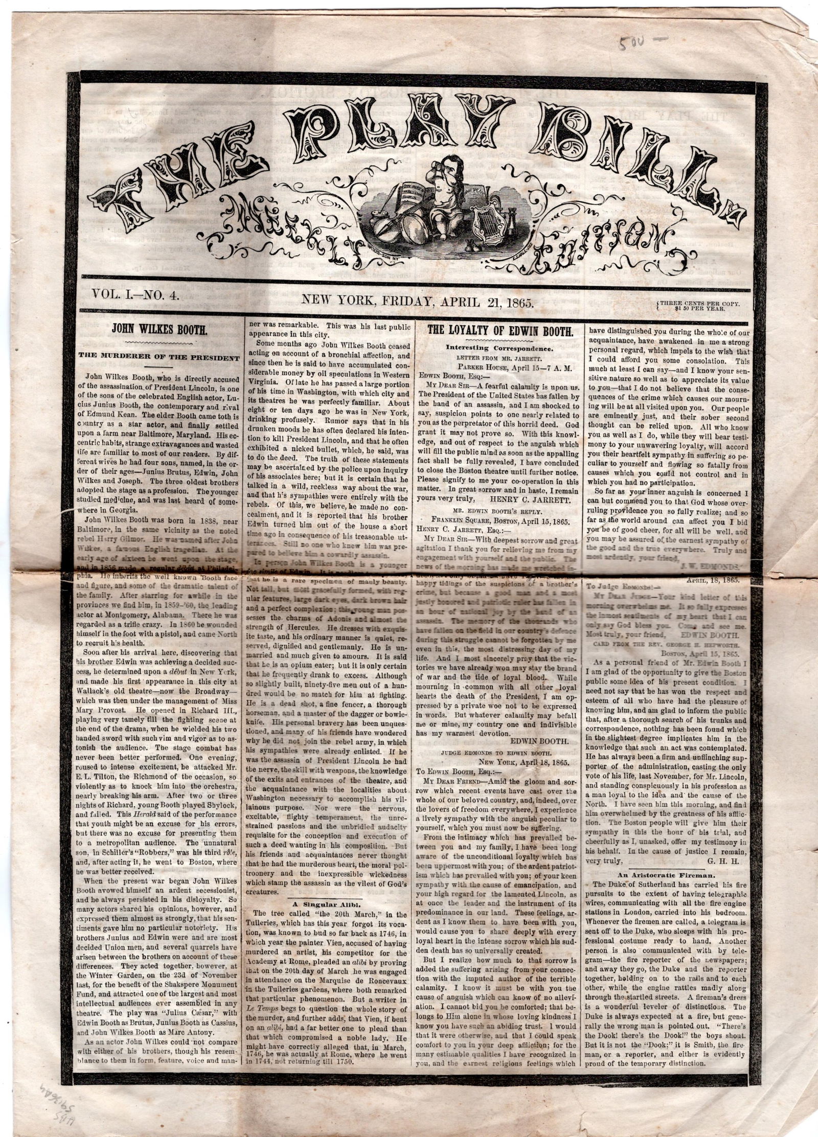 Scarce Copy of The Play Bill Addresses the Assassination of Abraham Lincoln (1 of 4)