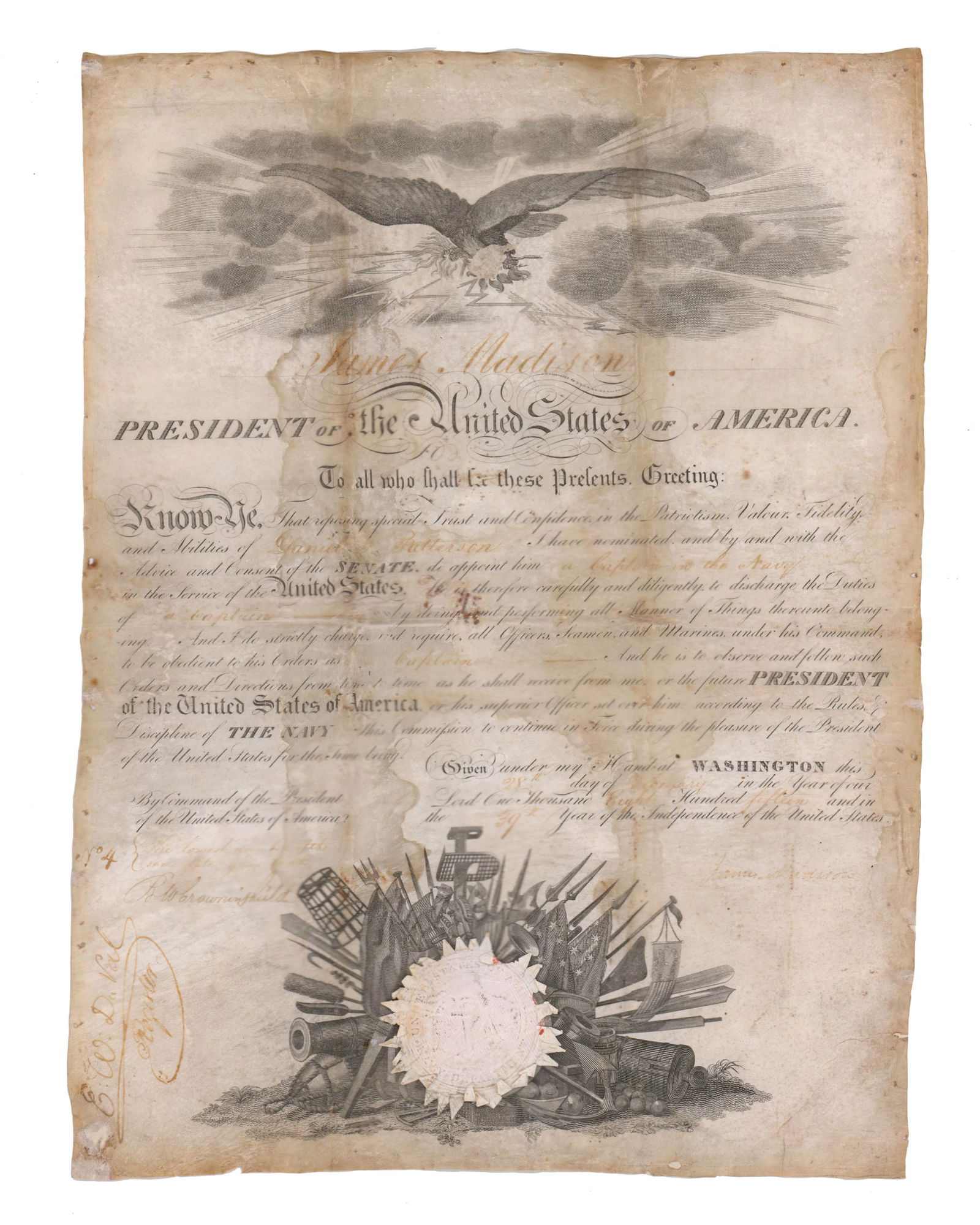 James Madison Rare Appointment of Naval Captain Daniel T. Patterson (1 of 3)
