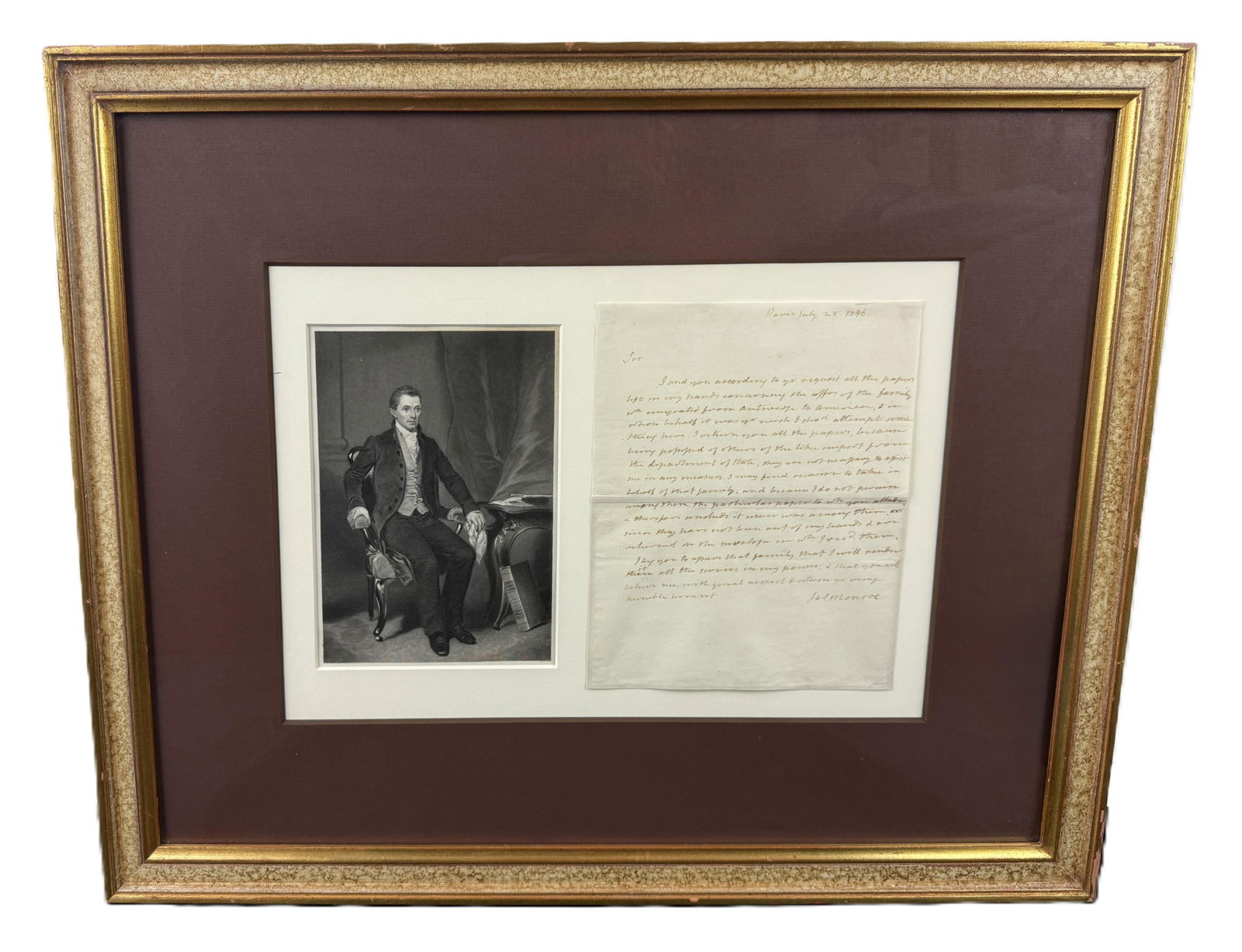 James Monroe ALS as Minister to France with Engraved Portrait in Handsome Frame (1 of 5)