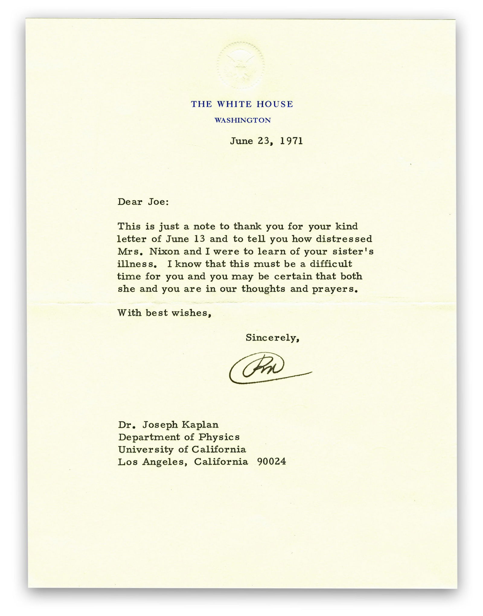 Richard Nixon Consoling TLS to Aerospace Adviser (1 of 2)