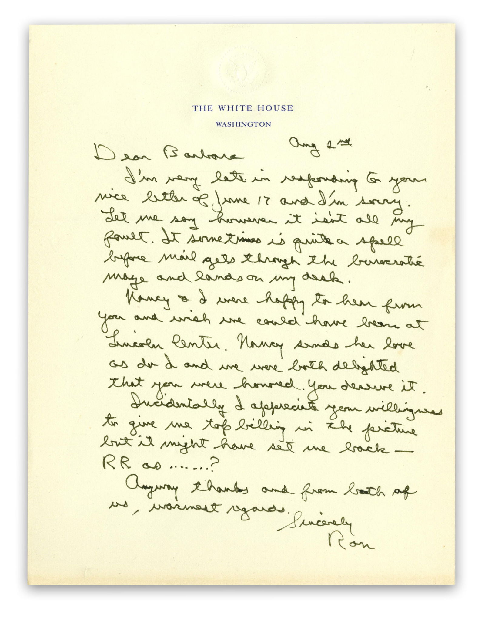 Ronald Reagan ALS x2 Signed to Former Co-Star Barbara Stanwyck (1 of 4)