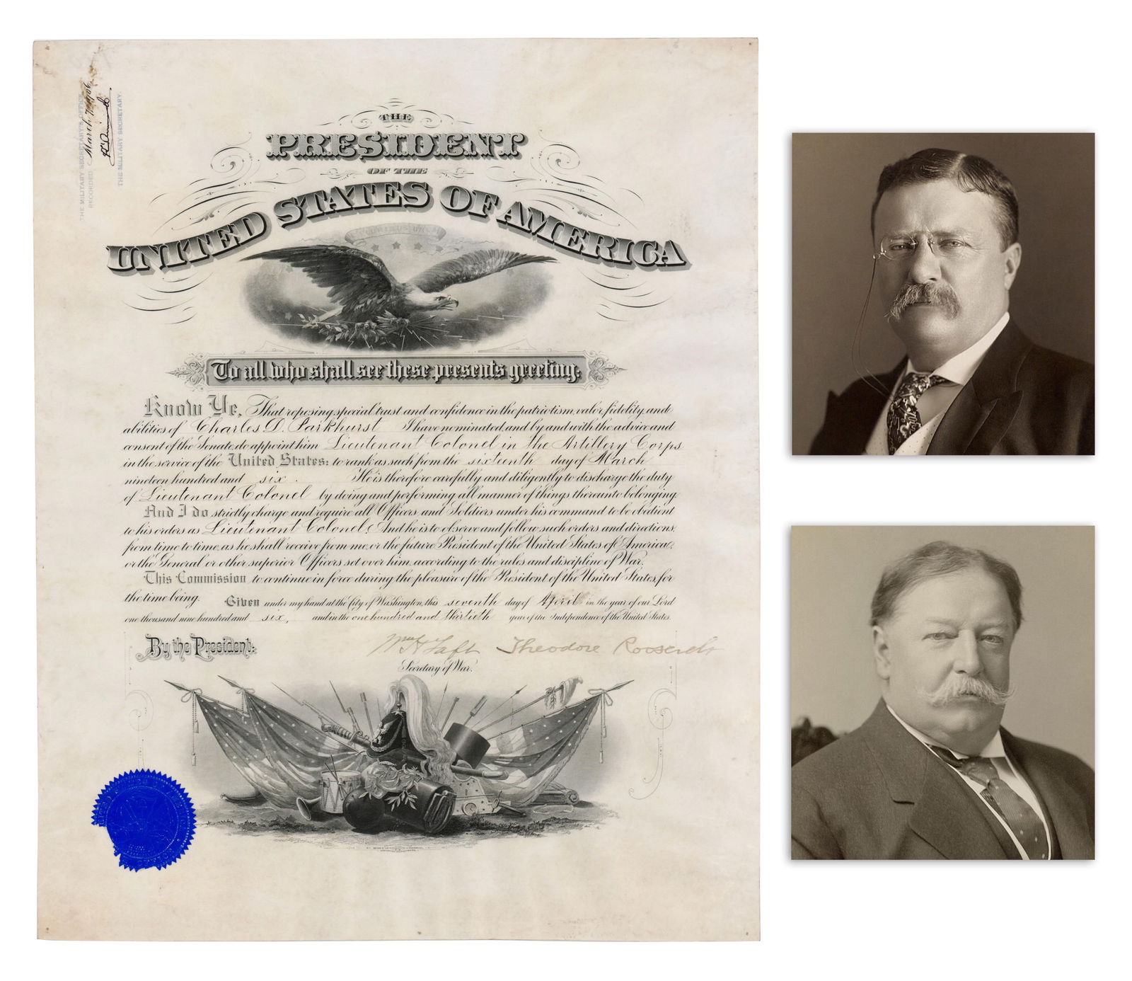 Roosevelt & Taft Dual Signed Commission for Battle of San Juan Hero (1 of 4)