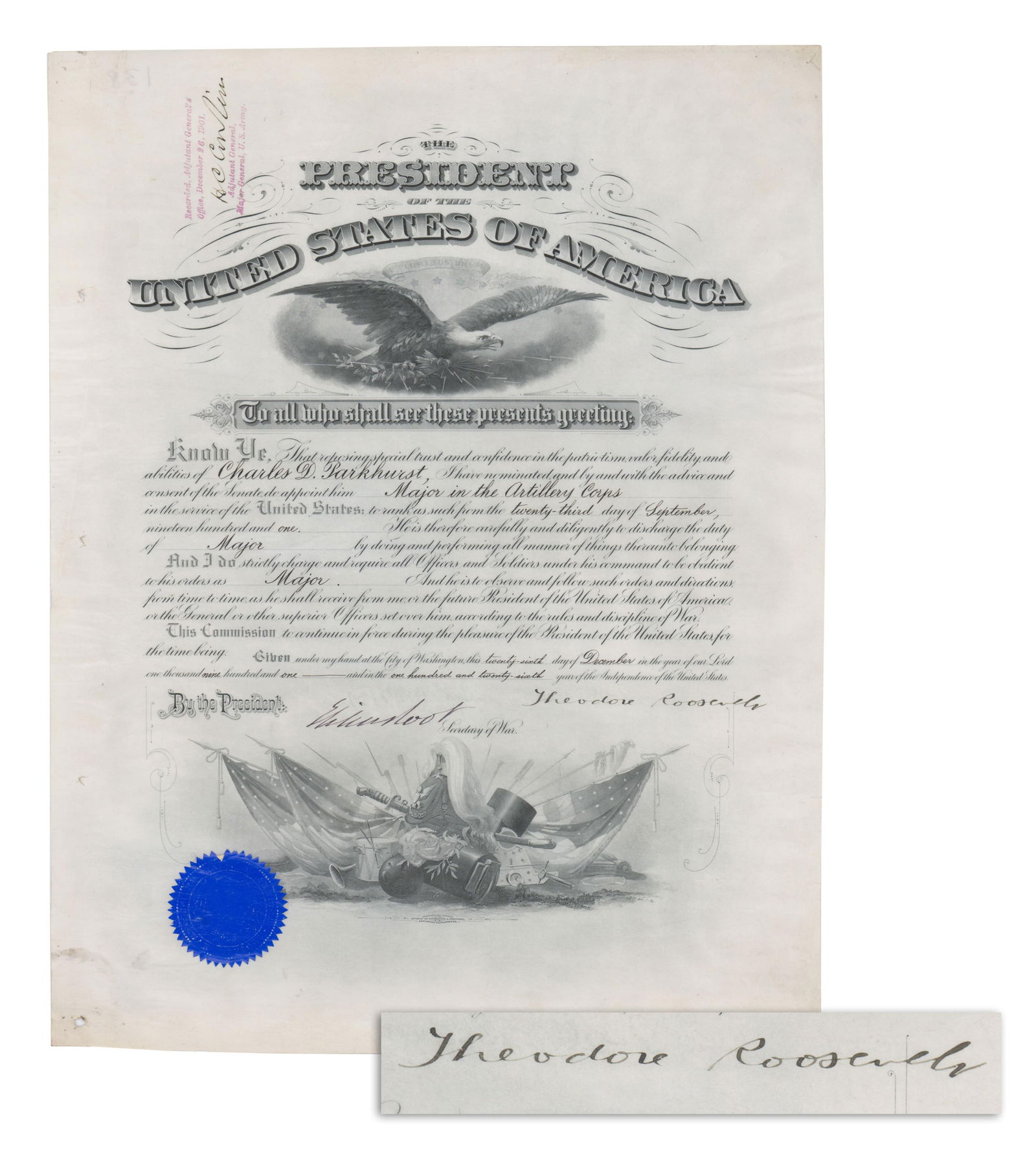 Theodore Roosevelt DS Appointing Spanish-American War Hero as Major (1 of 4)