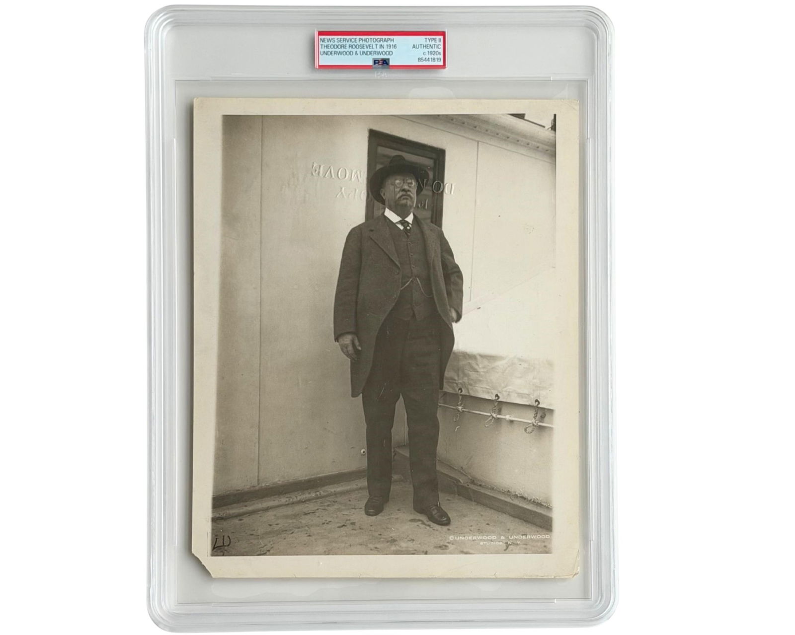 Theodore Roosevelt Aboard the S.S. Guiana in NY Harbor: Theodore RooseveltNew York, NY, February 11, 1916Theodore Roosevelt Aboard the S.S. Guiana in NY HarborPhotographOriginal news service photograph of former President Theodore Roosevelt aboard the deck