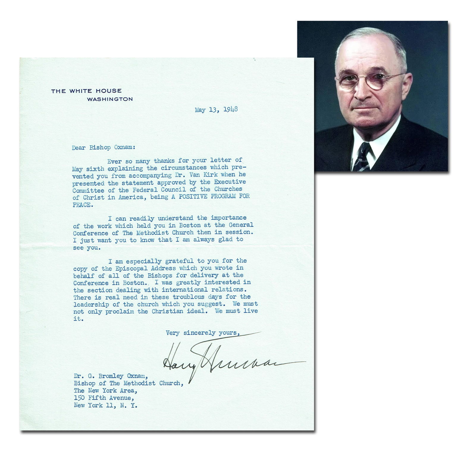 Harry Truman TLS as President on Religion: "We must not only proclaim the Christian ideal. We must (1 of 4)