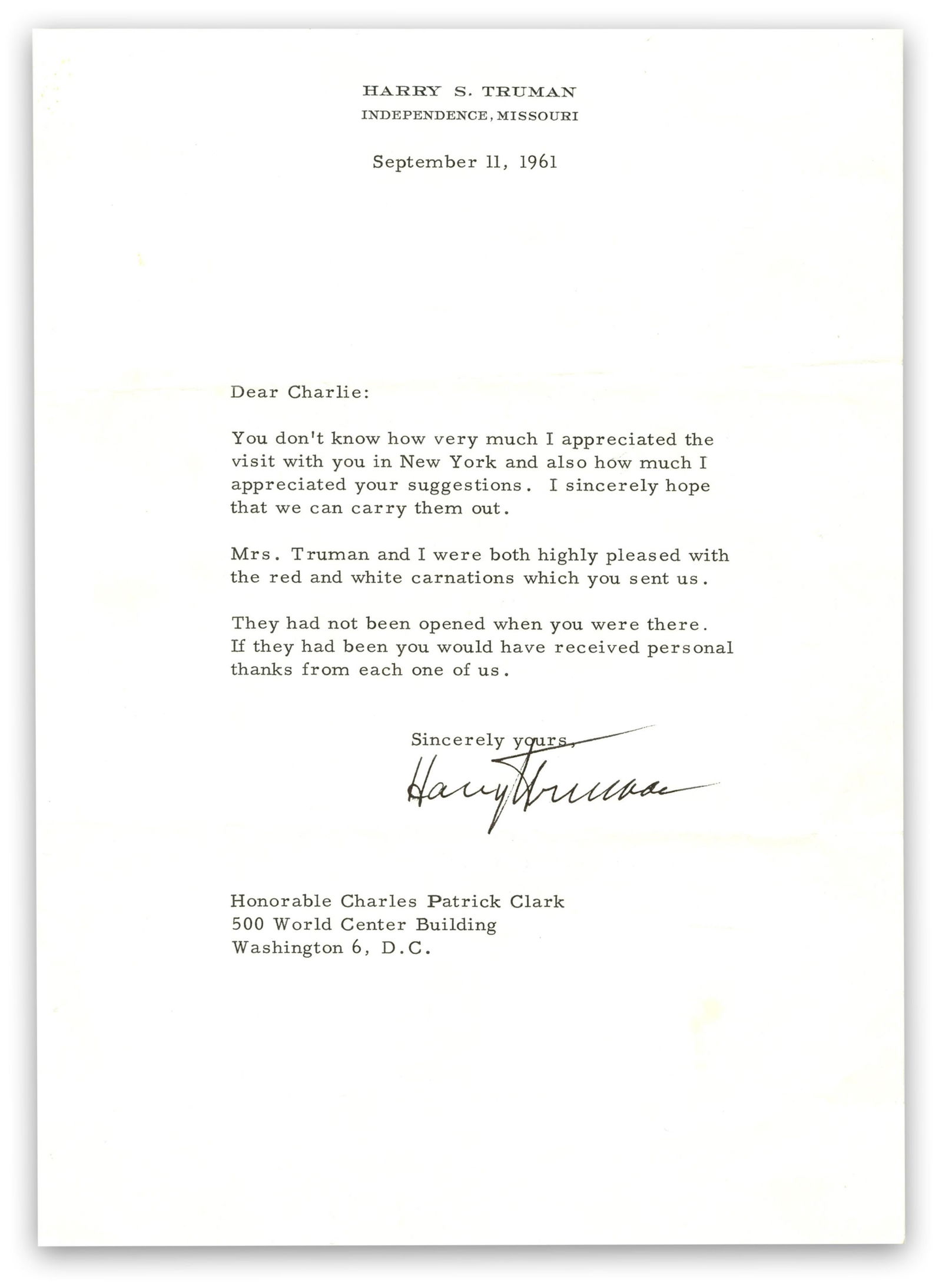 Harry Truman TLS to Former Associate Counsel for Truman Committee (1 of 2)