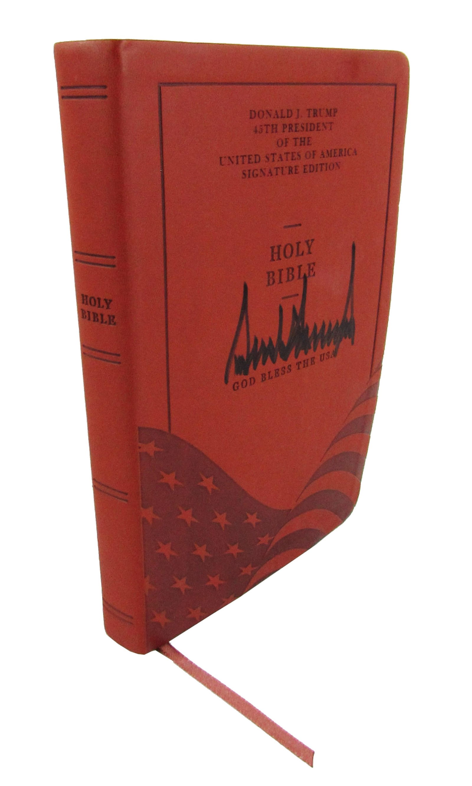 Donald Trump Signed Holy Bible "Signature Edition", JSA Authenticated: Donald Trumpn.p., n.d.Donald Trump Signed Holy Bible "Signature Edition", JSA AuthenticatedSigned bookA large print edition of the Holy Bible, prominently signed on the front cover in black felt tip a