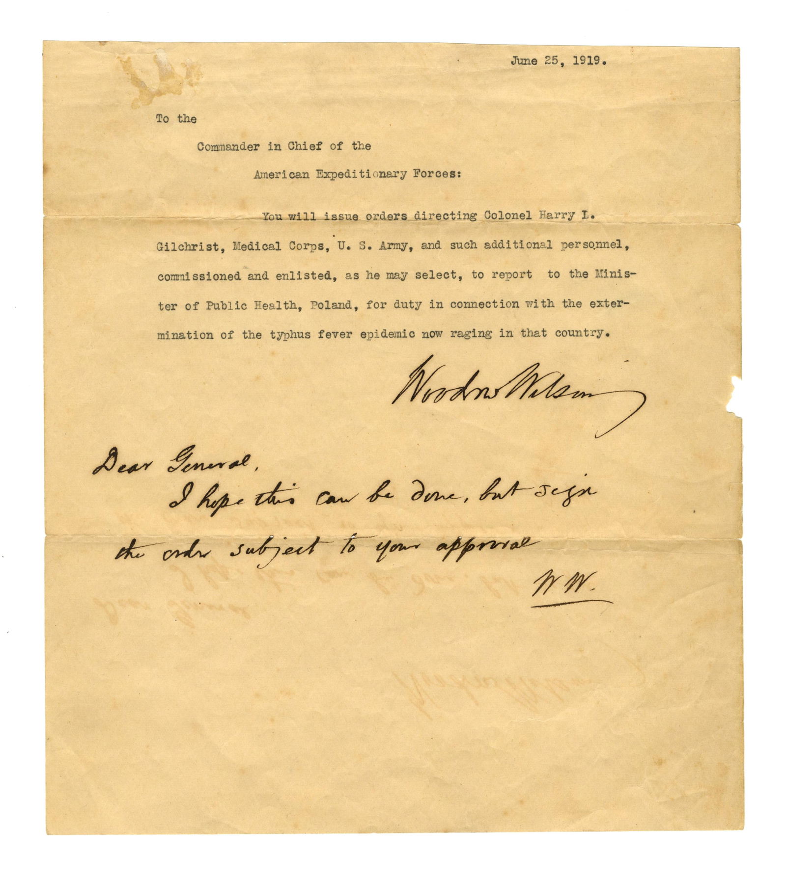 Woodrow Wilson Addresses Polish Outbreak of Typhus in the Aftermath of WWI (1 of 2)