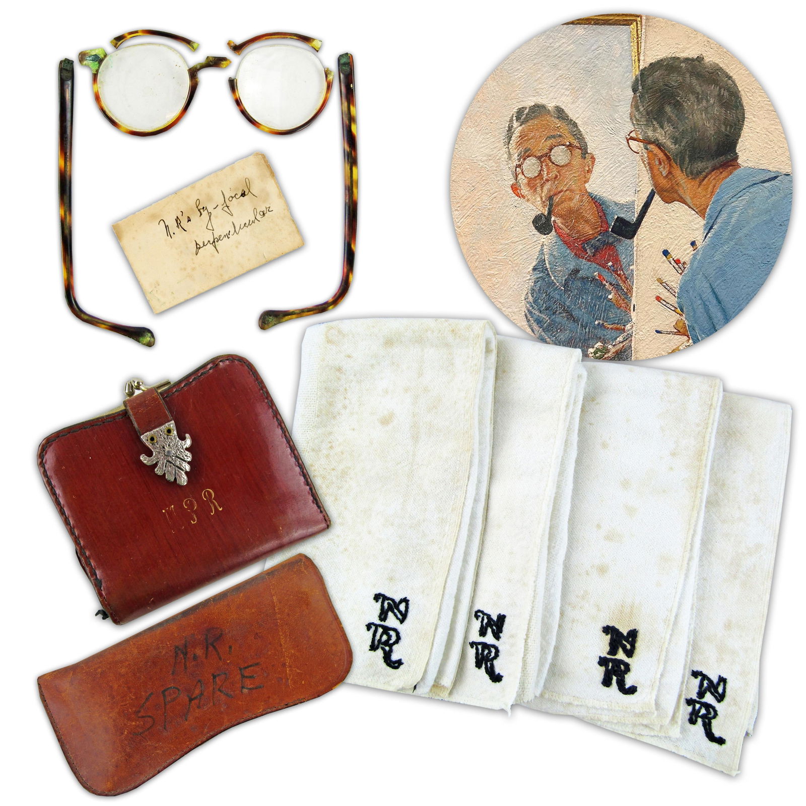 Norman Rockwell Estate Archive, Incl. Custom Perpendicular Bifocals Possibly Worn in Self Portrait !: Norman Rockwelln.p., n.d.Norman Rockwell Estate Archive, Incl. Custom Perpendicular Bifocals Possibly Worn in Self Portrait ! 8 Pcs TotalArchiveA wonderful assortment of items from the estate of celeb