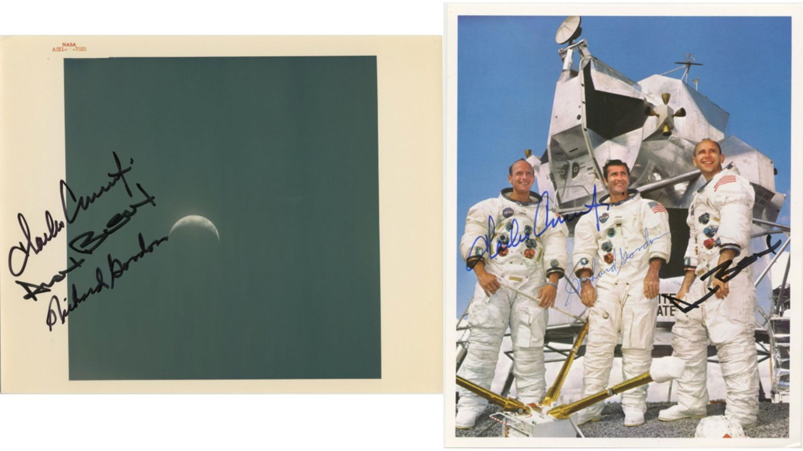 Pair of Apollo 12 Crew-Signed Photos: Crescent Earth NASA Red No. Photo & Lunar Lander on Earth (1 of 4)