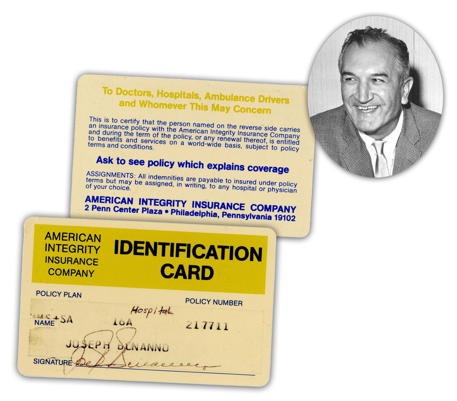 Joe Bonanno Signed & Personally Owned Health Insurance Card, Ex-Bonanno Estate With Rosalie Bonanno (1 of 5)