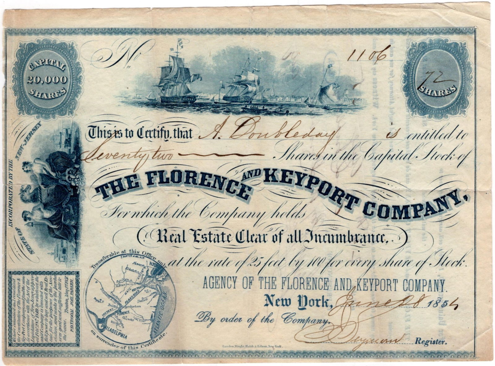 Ulysses Doubleday Signs Stock for Brother Abner Doubleday, Civil War General & Postwar Leader of (1 of 3)