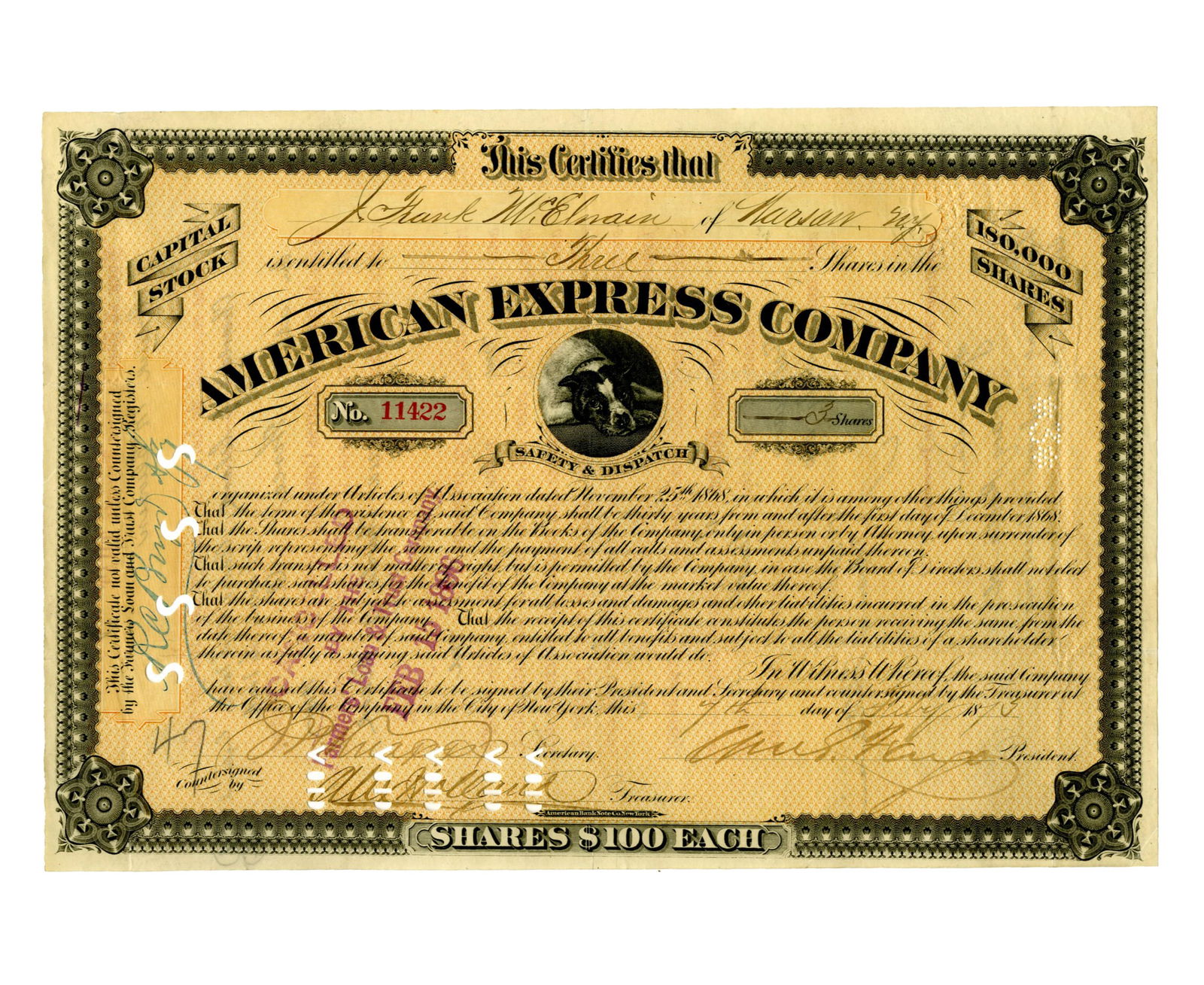 William G. Fargo Signed 1875 American Express Company Stock Certificate (1 of 3)