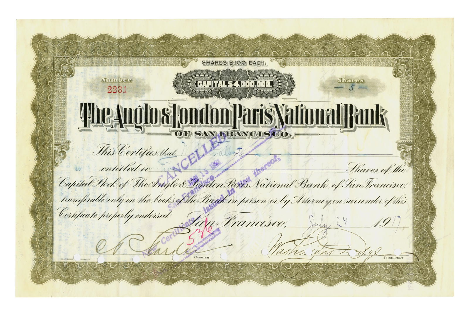 Titanic Survivor W. Dodge Signed Stock Certificate, 1917 (1 of 3)