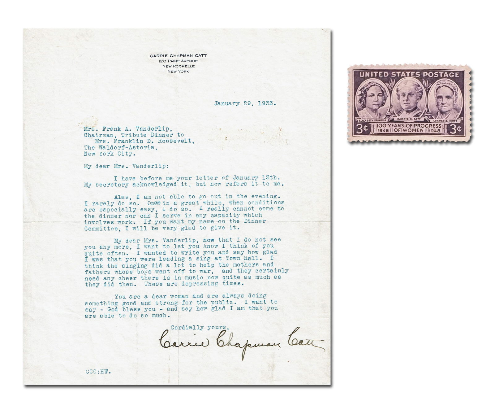Carrie Chapman Catt TLS to Former Colleague in Fight for Woman Suffrage (1 of 3)