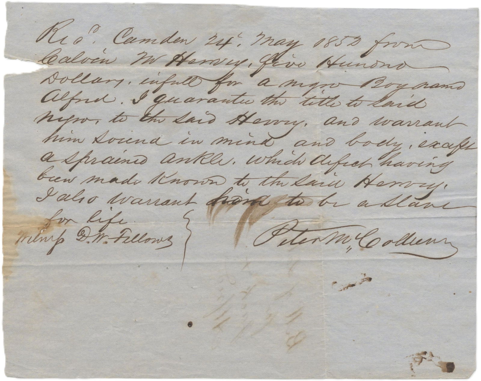 1852 Camden, Arkansas Bill of Sale for Slave with Sprained Ankle (1 of 2)