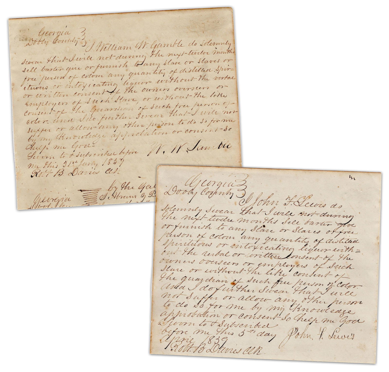 Oaths Not to Sell Liquor to Slaves or Free People of Color By Slaveowners and Future Confederates (1 of 3)