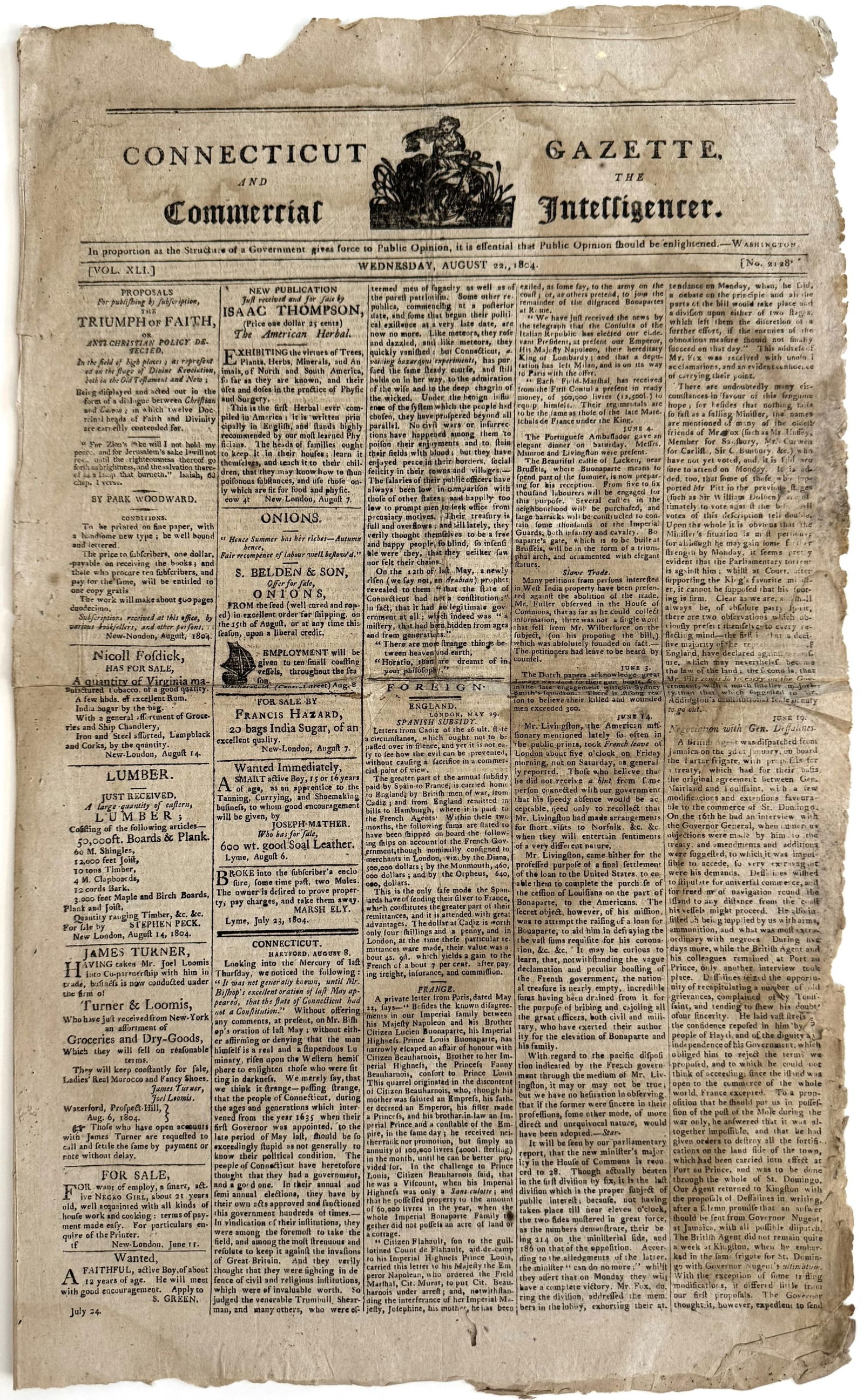 Connecticut Newspaper on Slavery & Aaron Burr (1 of 3)
