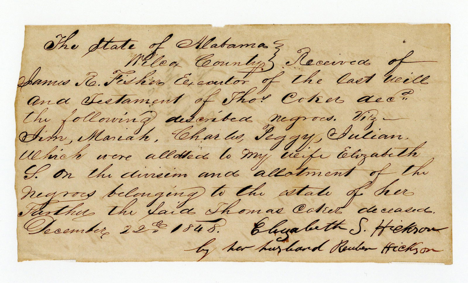 Receipt for 5 Slaves, Alabama (1 of 2)