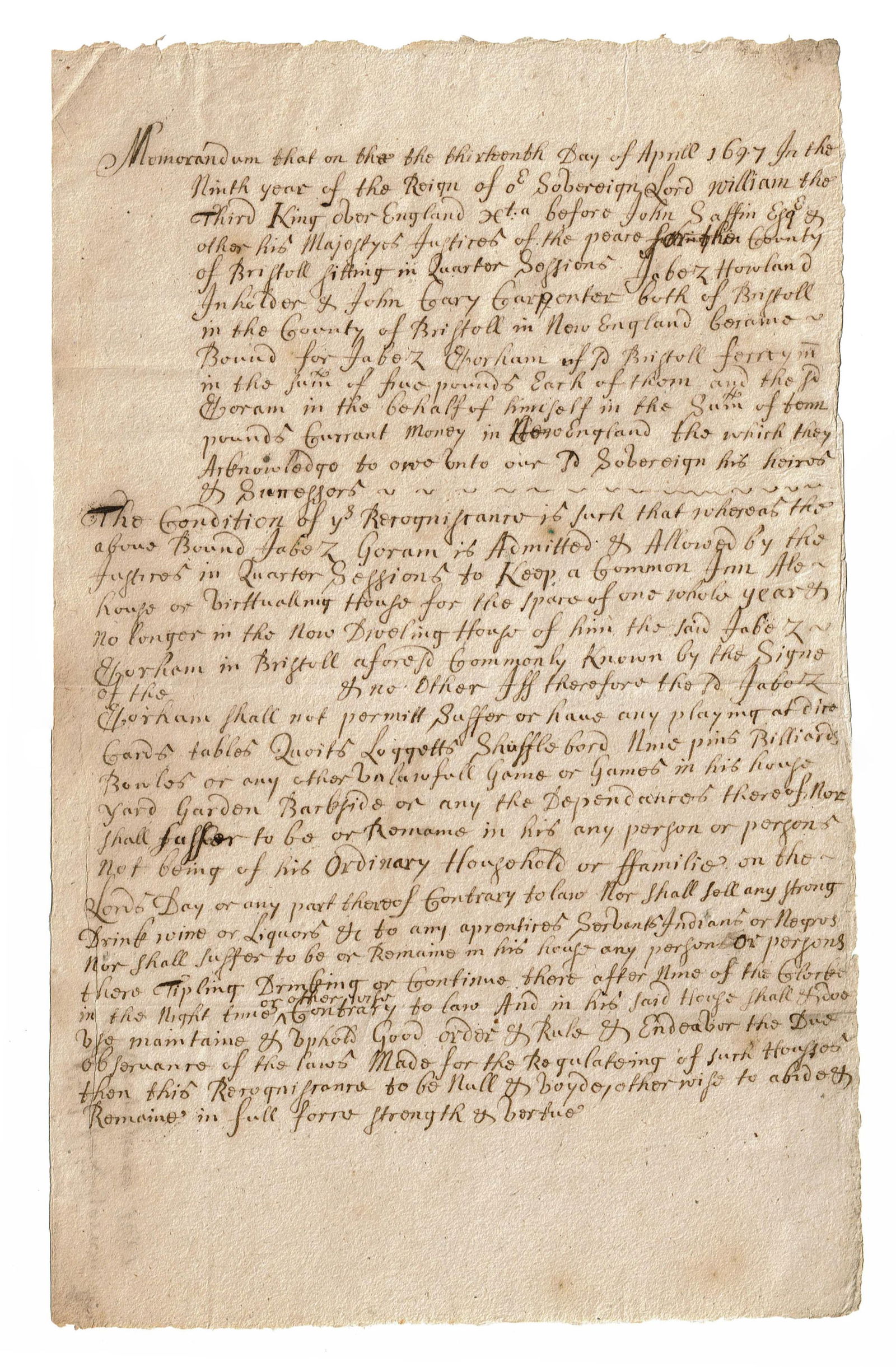 Rare 1697 Colonial Tavern License Restricting the Sale of "any Strong Drink wine or Liquors to any (1 of 2)